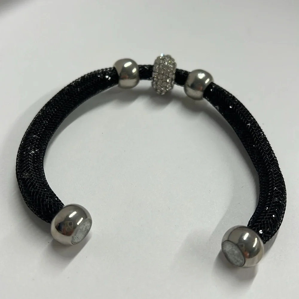 Black Mesh Magnetic Silvertone Crystal Bracelet